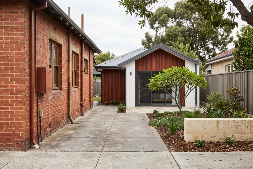 Bayswater granny flat in white render and jarrah behind a brick house