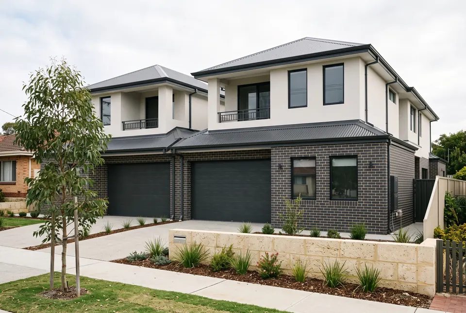 Doubleview duplex in charcoal brick and white render behind a limestone wall